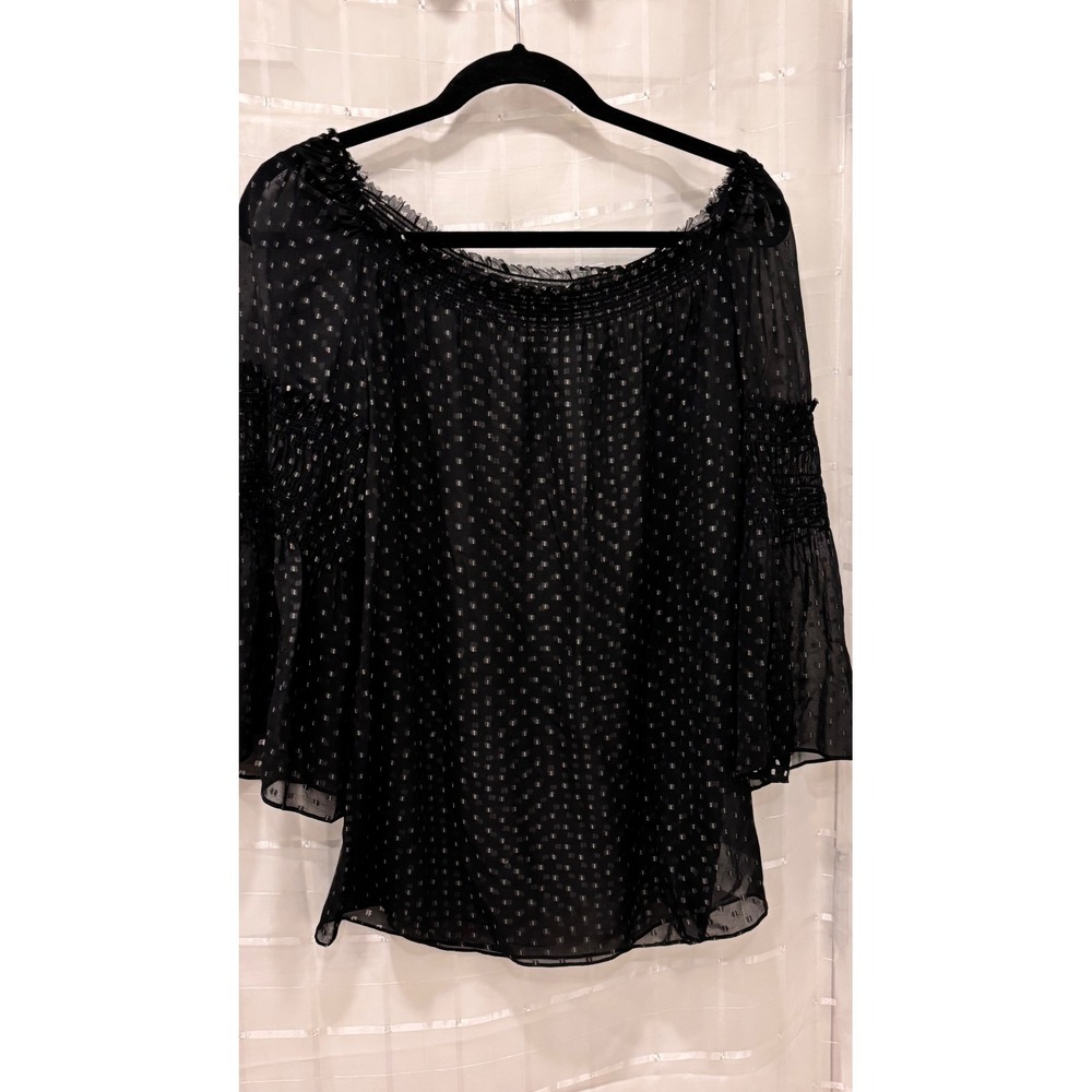 Theory Womens Black Silk Clip Dot Smocked Off Shoulder Bell Sleeve Blouse Large